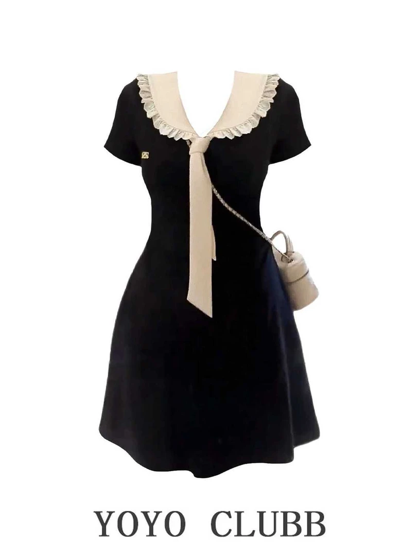 大码胖MM学院风娃娃领短袖连衣裙女夏季新款甜美气质显瘦收腰短裙