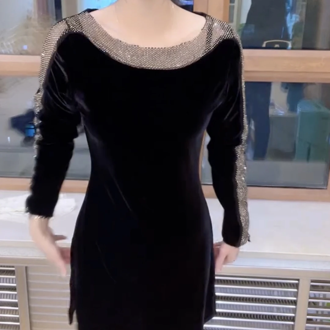 时尚洋气重工艺亮钻拼接开衩连衣裙百搭显瘦遮肉