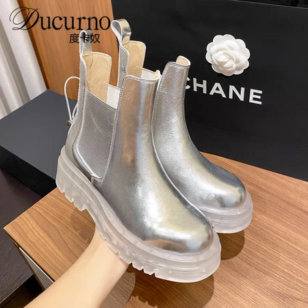 DUCURNO时尚设计透明厚底马丁靴女银色真皮弹力靴时尚显瘦小短靴