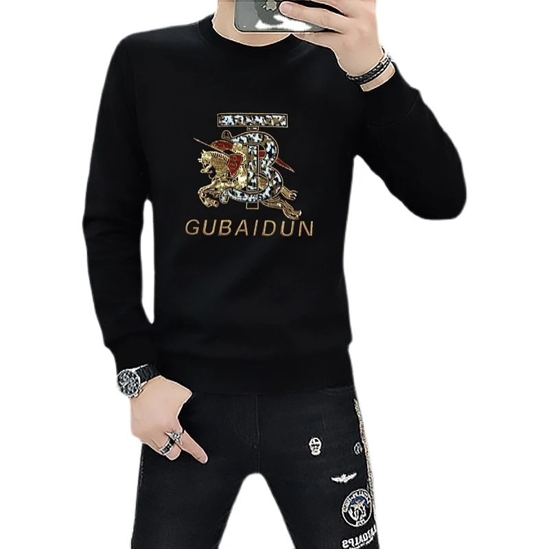 曼库帕娅刺绣圆领卫衣男秋季新款潮牌青年个性亮片时尚打底衫