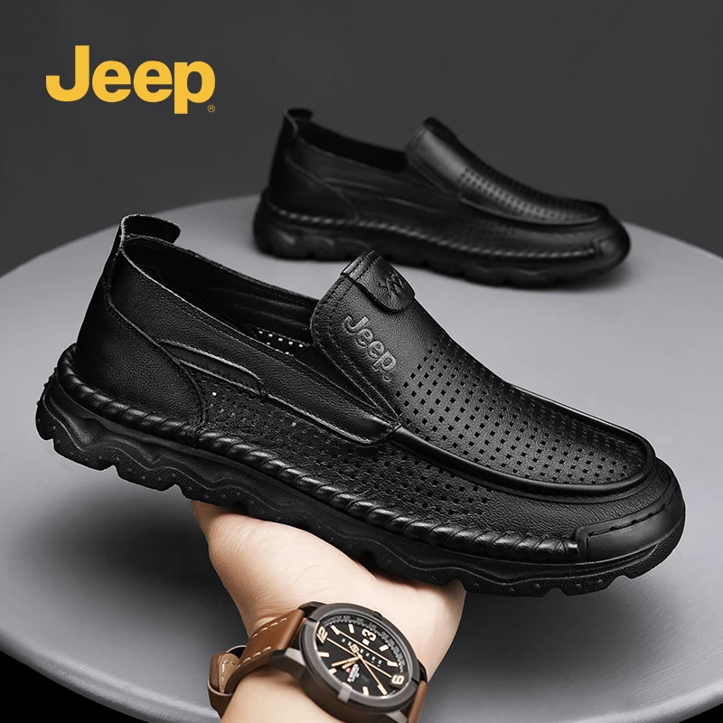 Jeep吉普男士皮鞋2025夏季新款真皮网眼透气舒适软底一脚蹬板鞋子