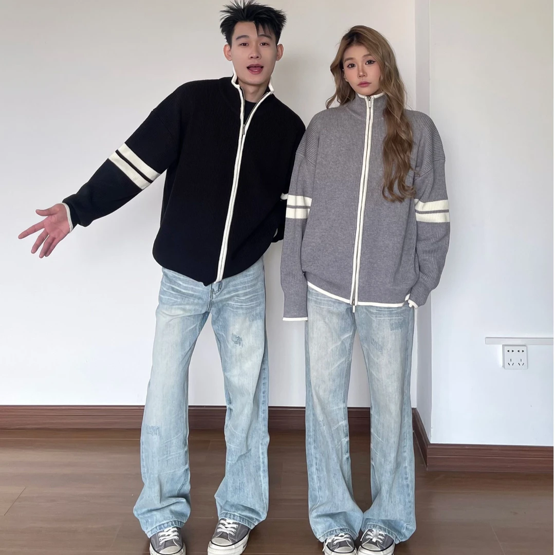 YYMDG韩版简约双条纹慵懒毛衣开衫外套休闲百搭小众内搭保暖情侣