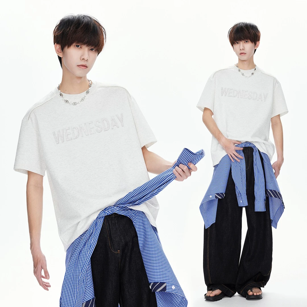 DGWTING太空棉白花灰钢印工艺t恤男夏季美式重磅短袖潮流拉链半袖