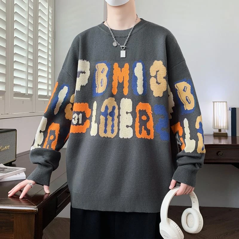 渐变撞色毛衣男秋冬季青少年圆领加厚线衣男装潮牌宽松保暖休闲衫