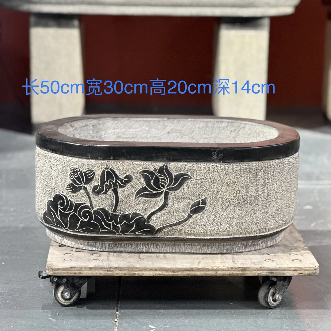 庭院户外青石鱼缸古雕刻石材养鱼池装饰水缸山西纯手工