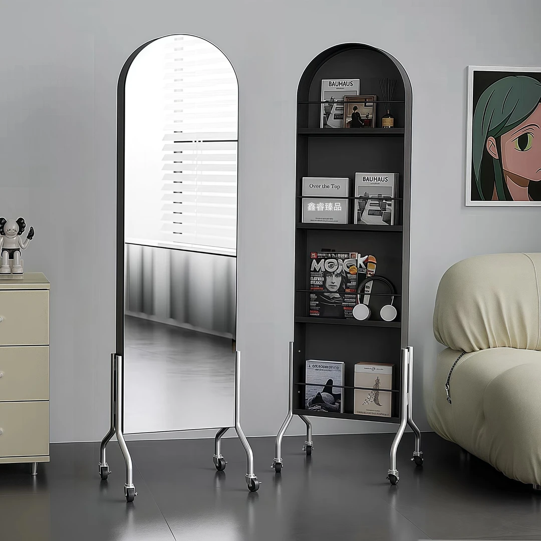 可移动镜子全身镜中古风收纳杂志架落地书报展示置物架旋转穿衣镜