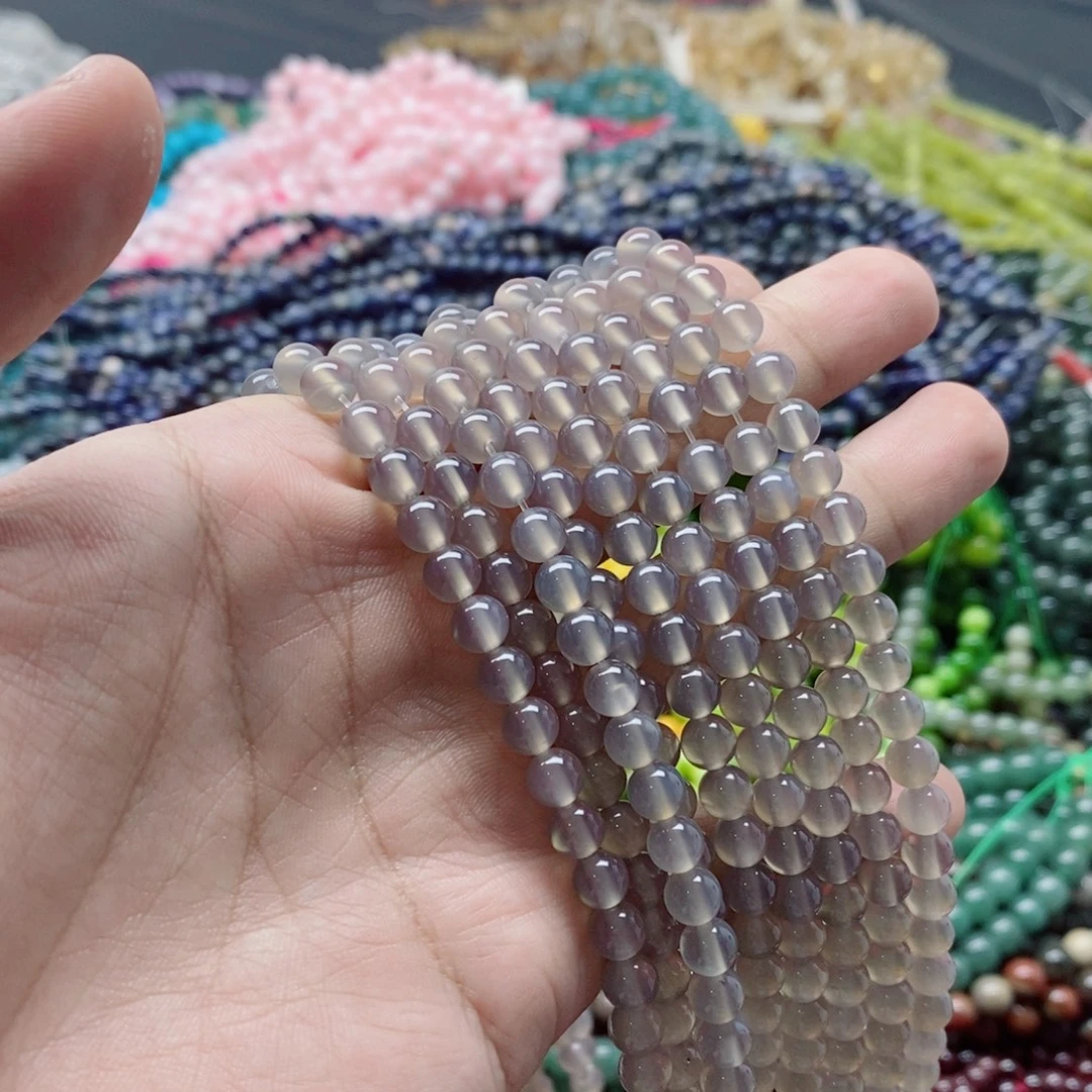 玛瑙/玉髓未镶嵌珠宝半成品一条天然6mm灰玛瑙圆珠