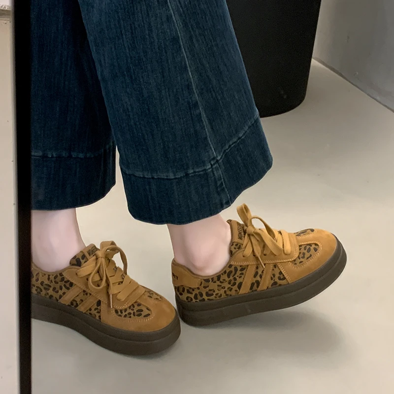 复古豹纹~巨好看小众德训鞋女2025秋季新款厚底增高百搭休闲板鞋