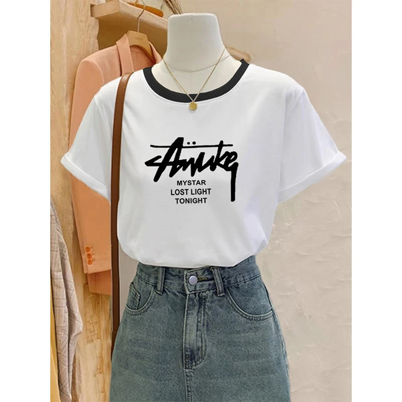 撞色圆领正肩短袖t恤女小众时尚百搭洋气上衣显瘦打底衫2025夏季