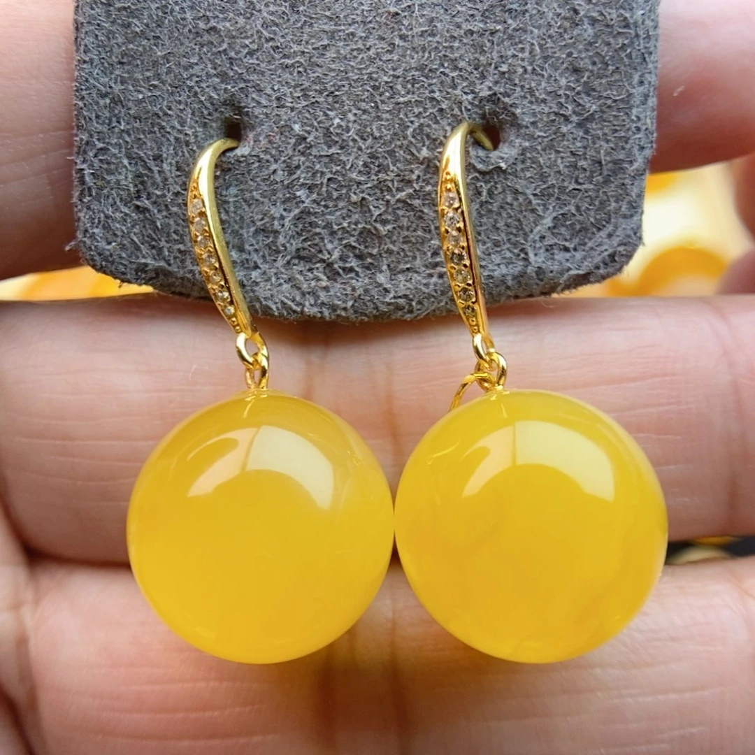 琥珀耳饰银S925镀金镶嵌15m