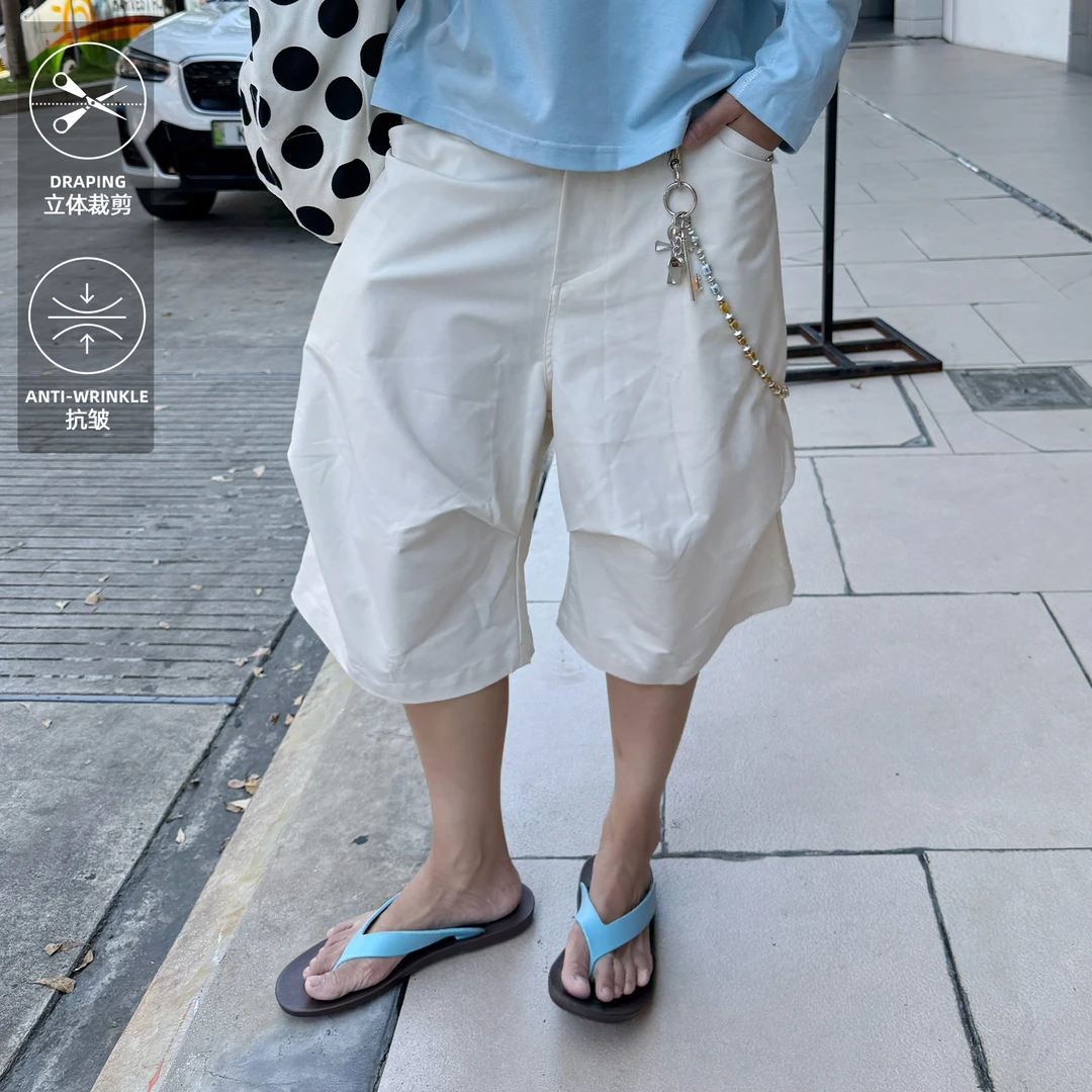 【Reviveism】A字廓形休闲通勤百搭撞钉6分裤短裤侧边打褶休闲裤