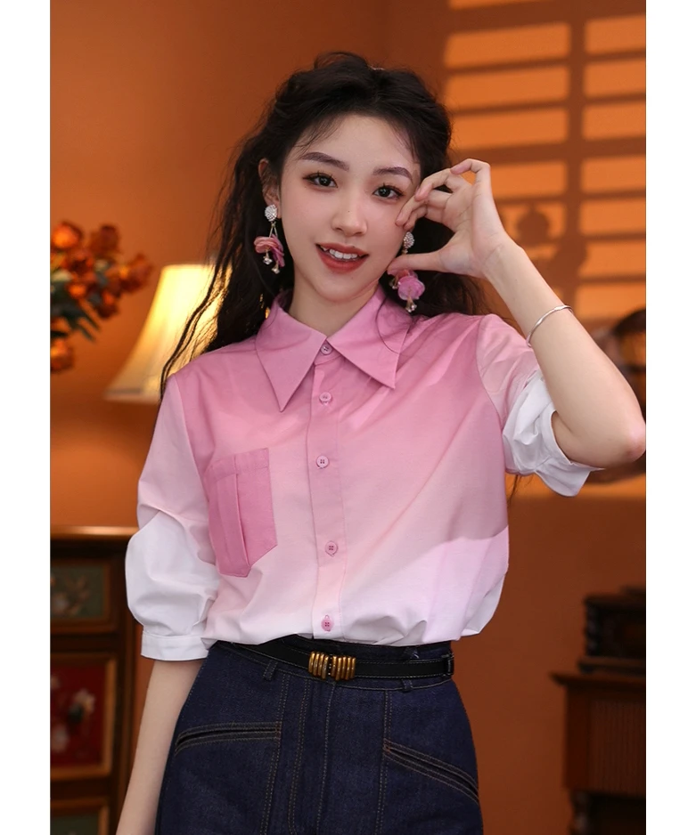 富贵【夏日冰莓】港味复古时尚气质短袖上衣01896