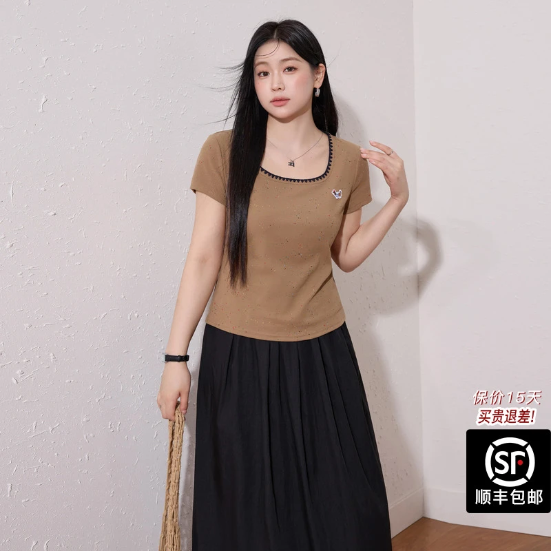 蓝语大码女装复古彩点正肩短袖T恤2025夏季显瘦遮肚气质百搭上衣