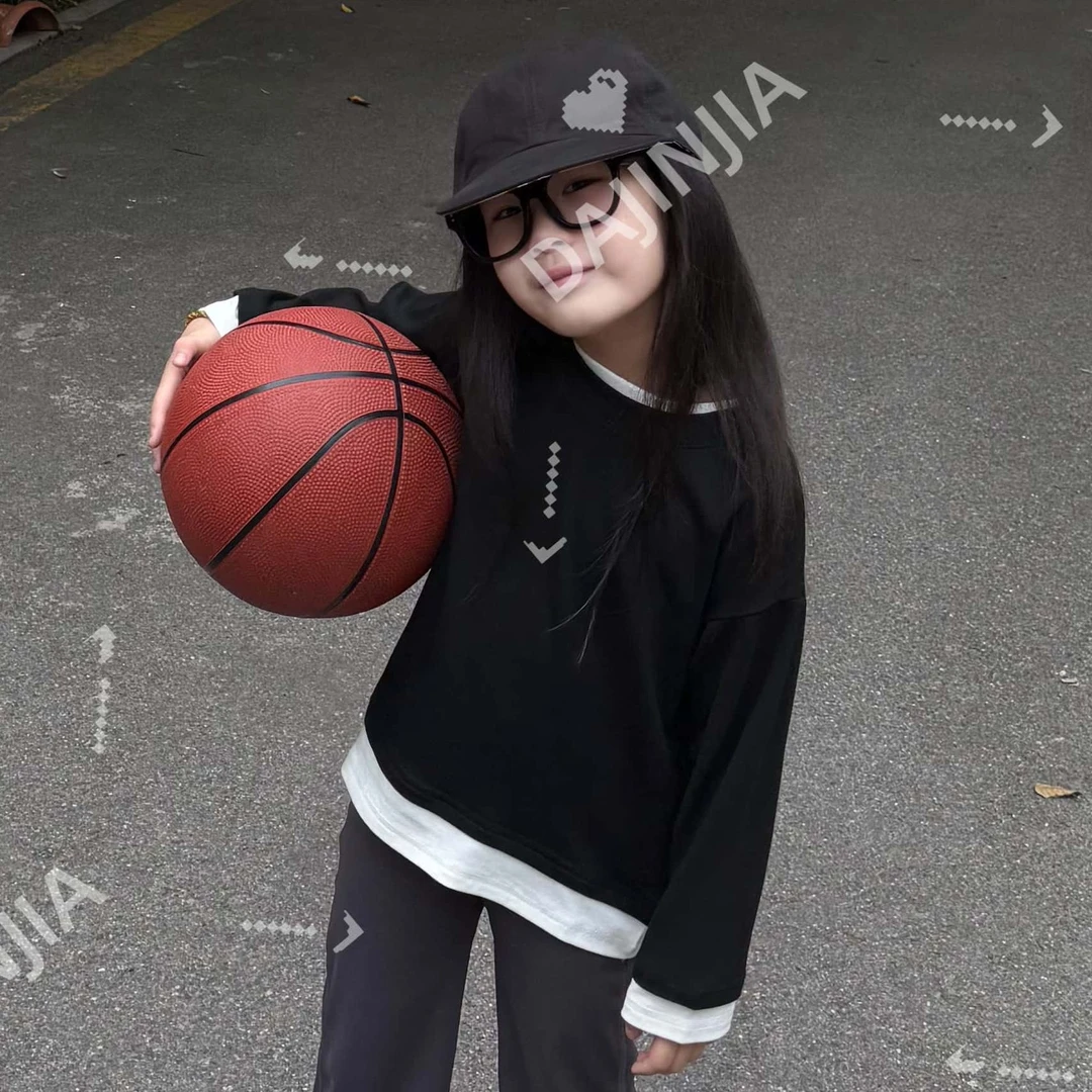 大金定制款韩系简约黑白拼边男女童宽松假两件阔版上衣