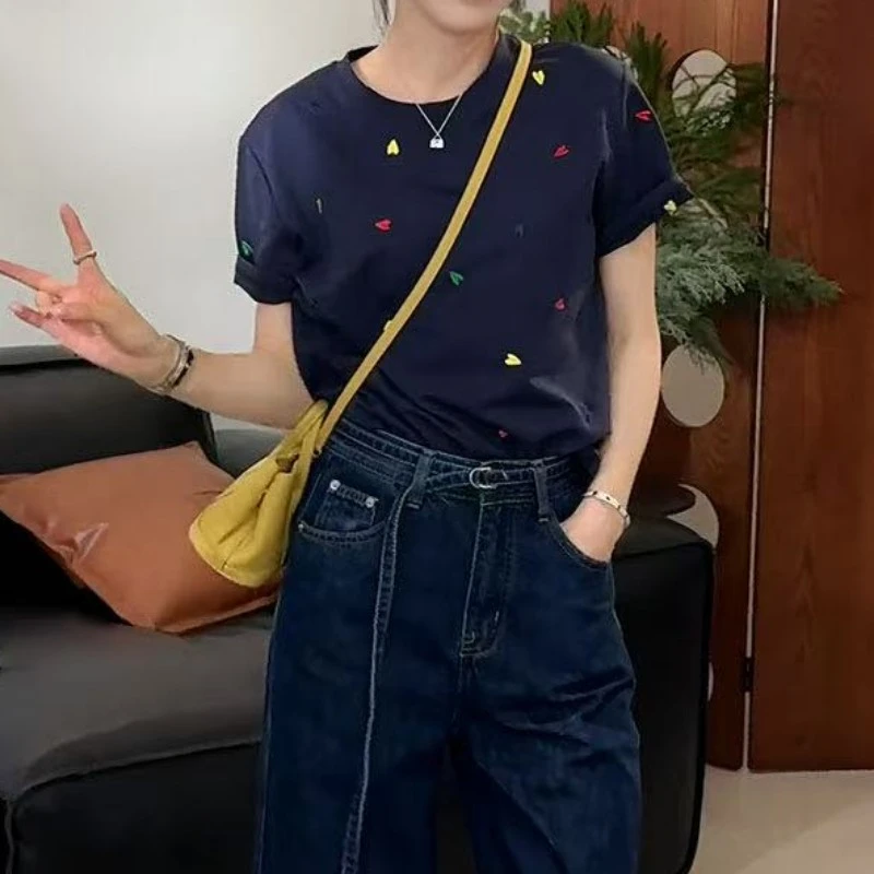欧货高端大码女装重工爱心刺绣正肩圆领短袖T恤2025新款宽松上衣