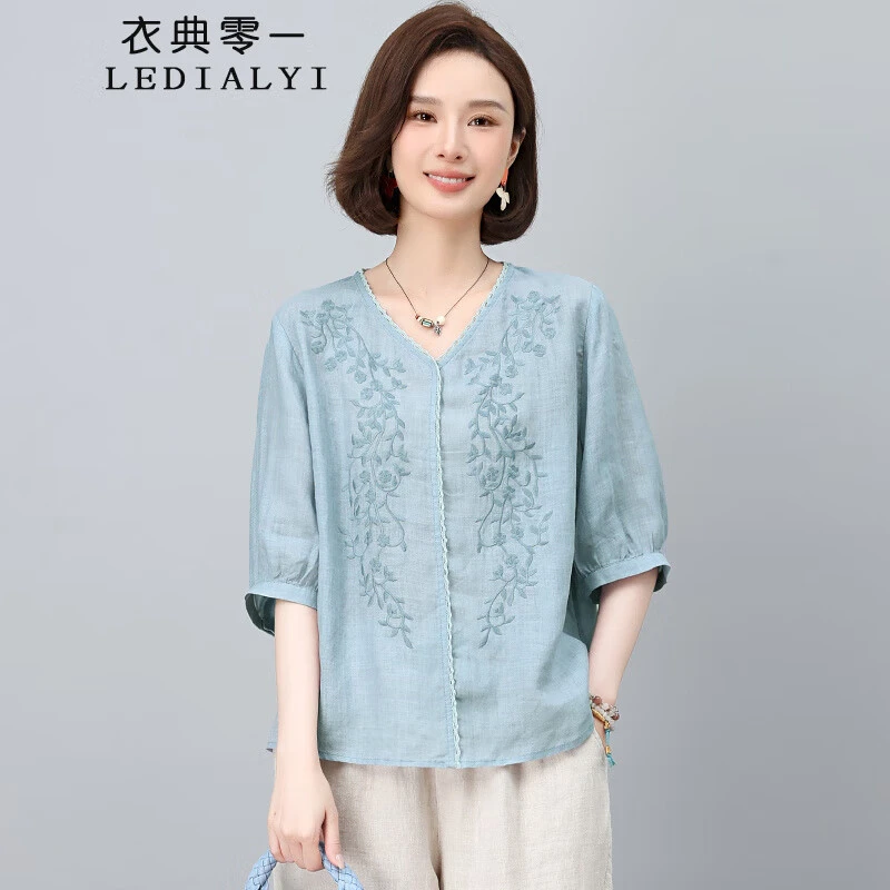 苎麻V领刺绣短袖T恤上衣女2025夏季新款高端复古轻奢休闲衬衫夏天