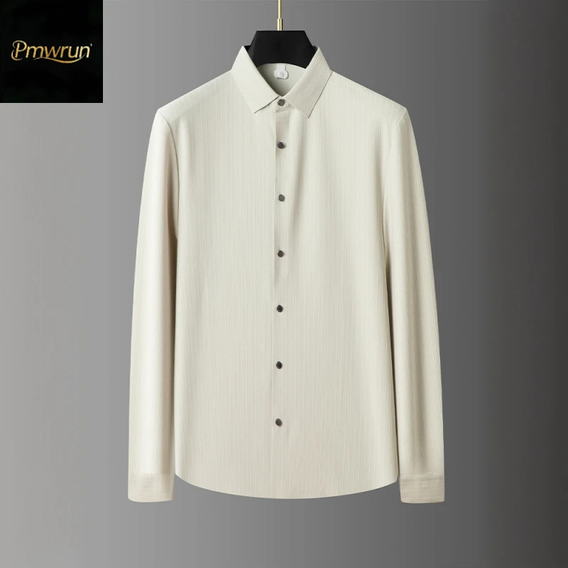 轻奢棋盘格条纹长袖衬衫男士秋季新款时尚通勤休闲弹力衬衣外套