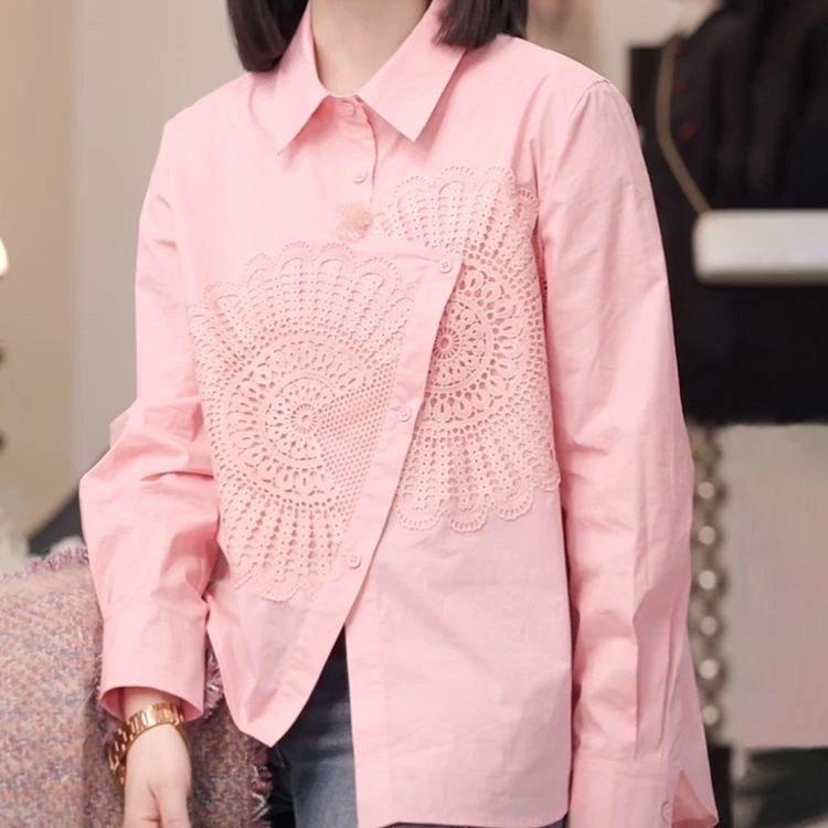 粉色衬衫女士2025早春新款复古洋气宽松显瘦不规则设计感别致上衣