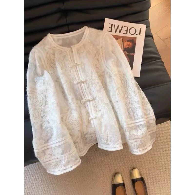 羊毛打底衫新中式蕾丝钩花纯色上衣女士百搭