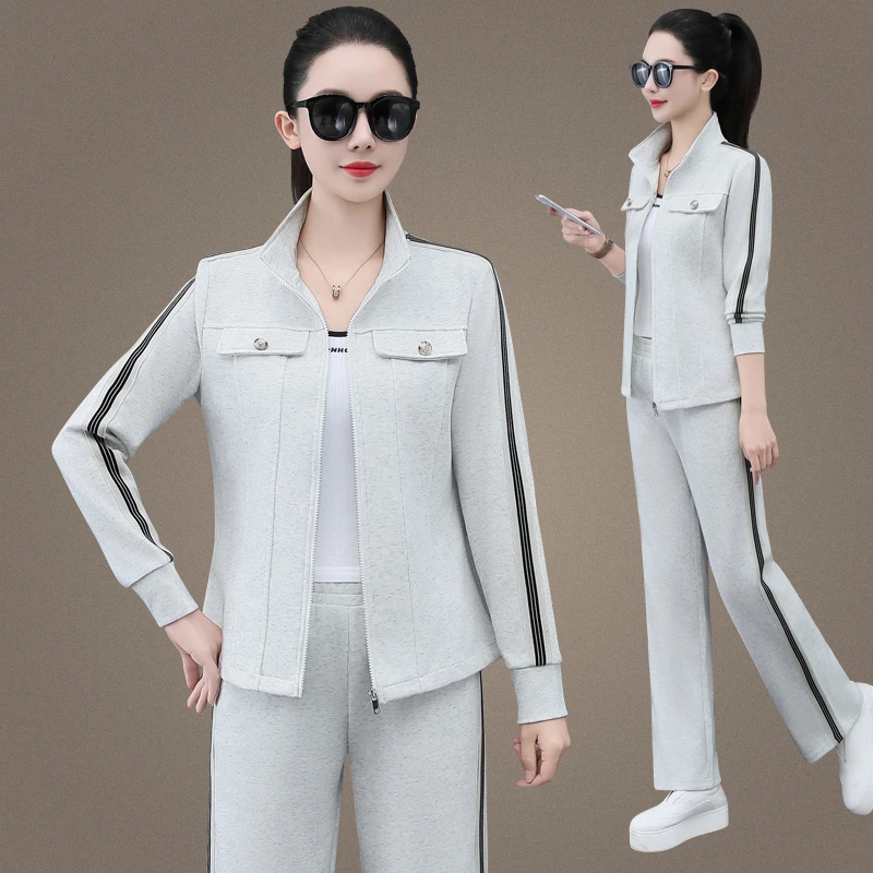 运动套装女2025新款春秋时尚气质减龄妈妈秋装立领休闲外套两件套