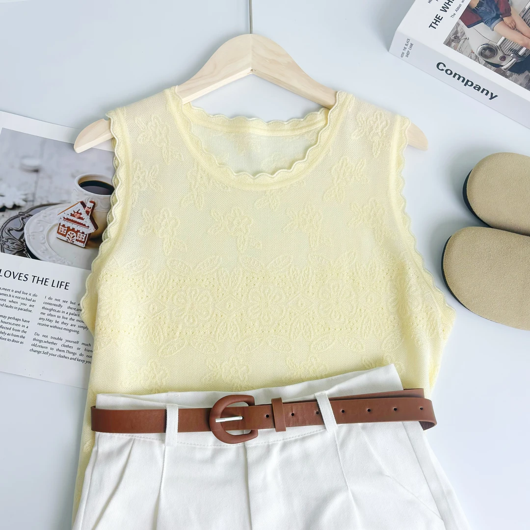 玲姐定制-圆领波浪纹提花无袖背心针织短袖77423