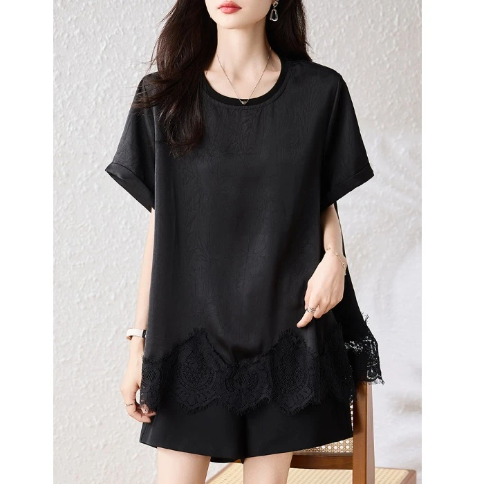 黑色蕾丝拼接圆领衬衫短袖T恤2025新款时尚百搭宽松显瘦上衣小衫