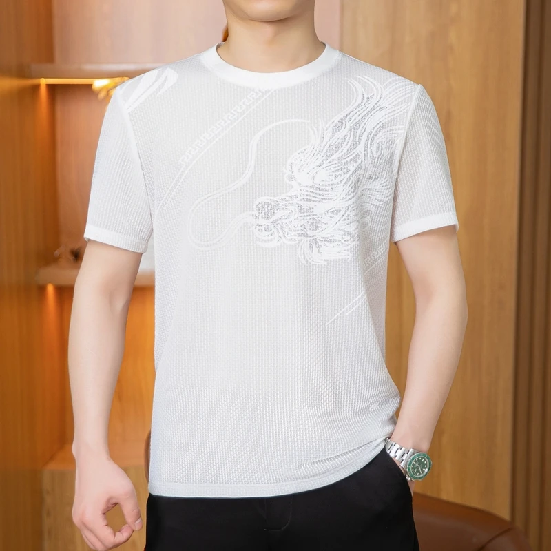 圆领透气男士短袖T恤高品质龙图案冰丝提花烫钻薄款夏季体恤衫潮