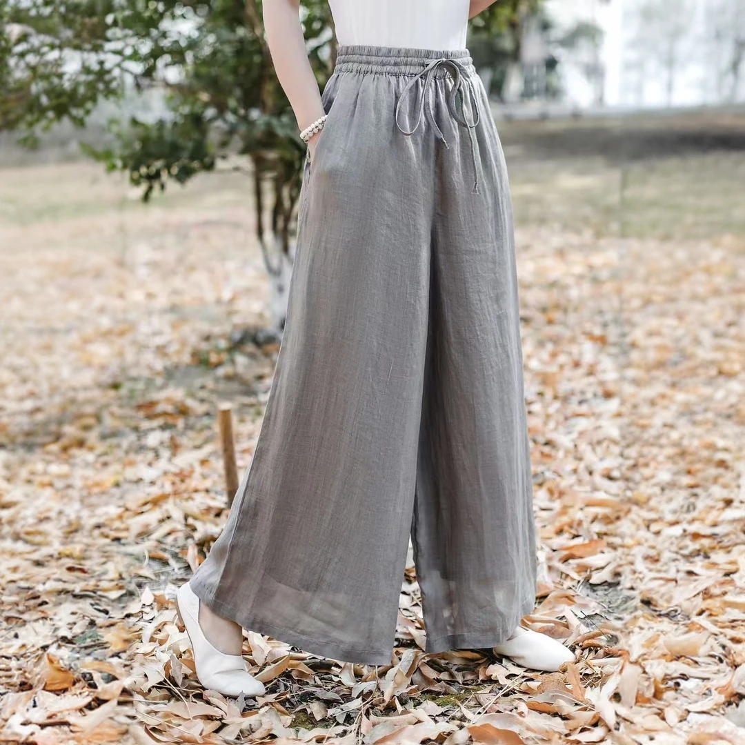 慵懒双层苎麻宽松直筒阔腿裤女2025春夏新款显瘦休闲飘逸裙裤长裤
