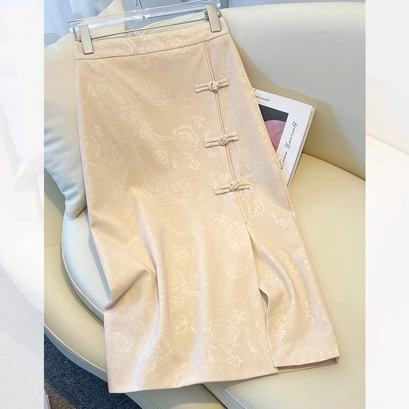 新中式国风半身裙女夏季2025新款盘扣开叉一步半裙印花a字包臀裙