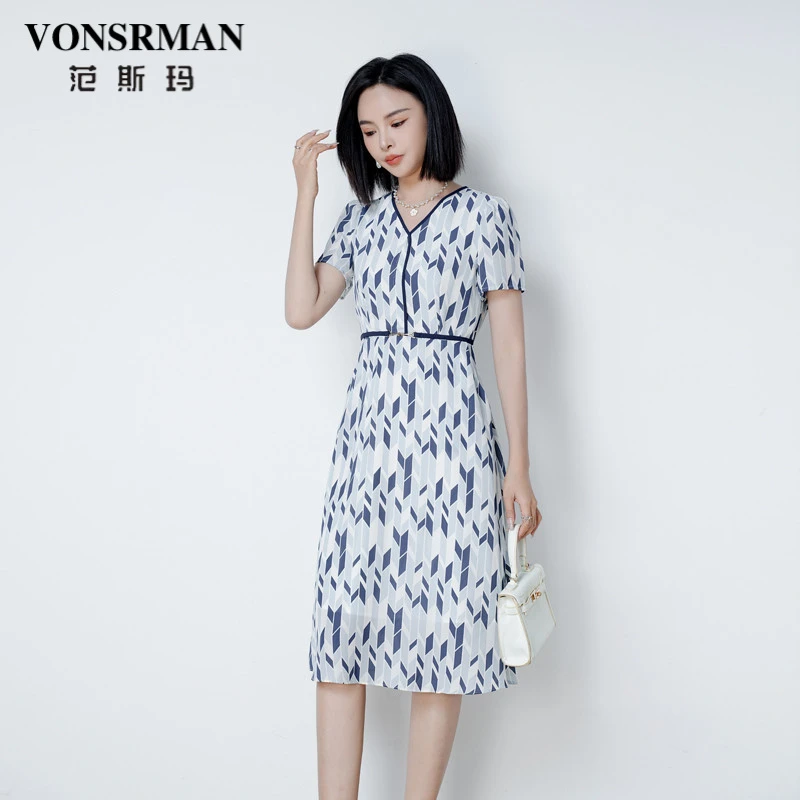 时尚度假风V领印花连衣裙2025春夏季新款时尚气质收腰显瘦中长裙