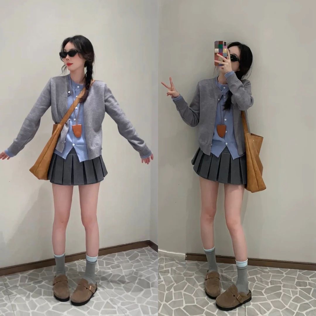 2025春季韩版灰蓝撞色假两件少女针织衫长袖+高腰显瘦a字裙裤