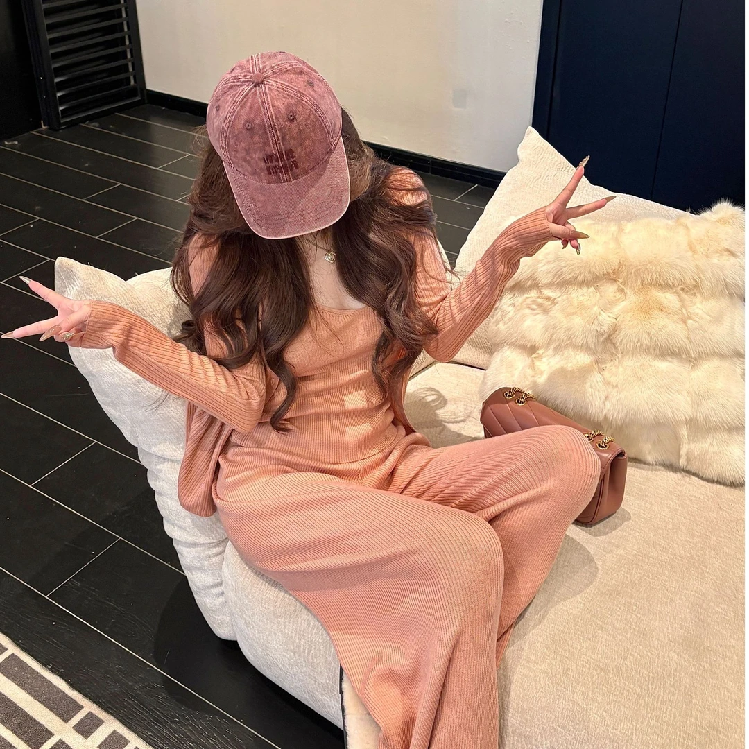 GUIDI GUDI【雪融畅想】粉色显瘦开衫外套背心休闲裤套装/黄加蓝