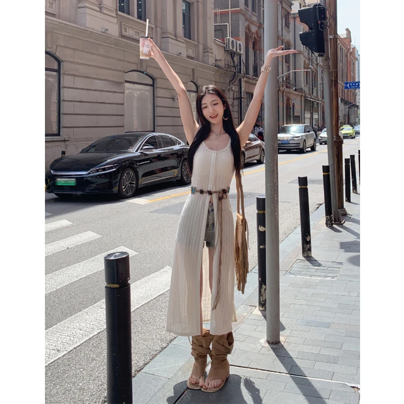 度假风镂空收腰无袖连衣裙女修身显瘦背心裙防晒开衫2025夏季新款