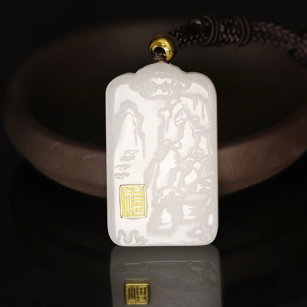 天然新疆玉石山水无事牌玉吊坠颈饰金丝玉平安无事男士白色Y677