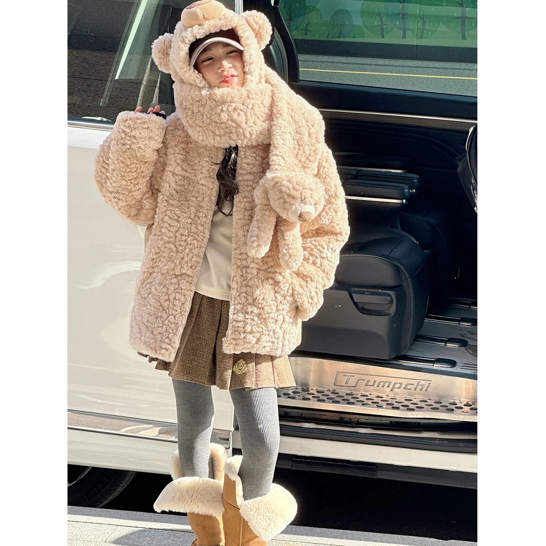 K30428孙小美软萌小熊围巾外套女童秋冬装毛毛衣儿童加绒保暖潮