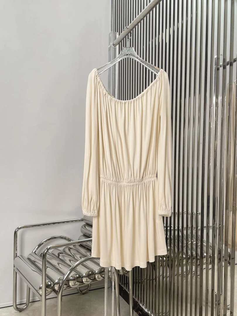 希腊女神褶裥松紧连衣裙 优雅垂坠长袖收腰连衣裙