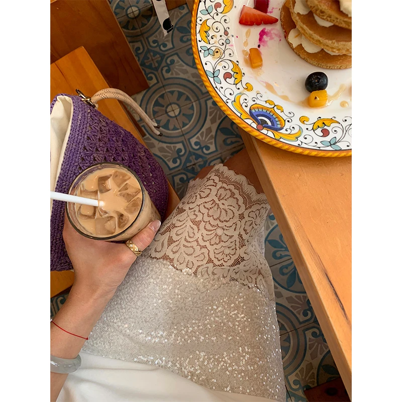 落落狷介 白色半身裙女2025新款亮片刺绣开衩a字裙小个子蕾丝裙