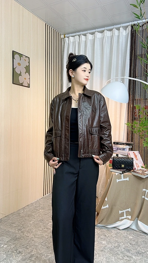 D-07翻领薄款常规秋季长袖皮衣时尚百搭帅气机车服
