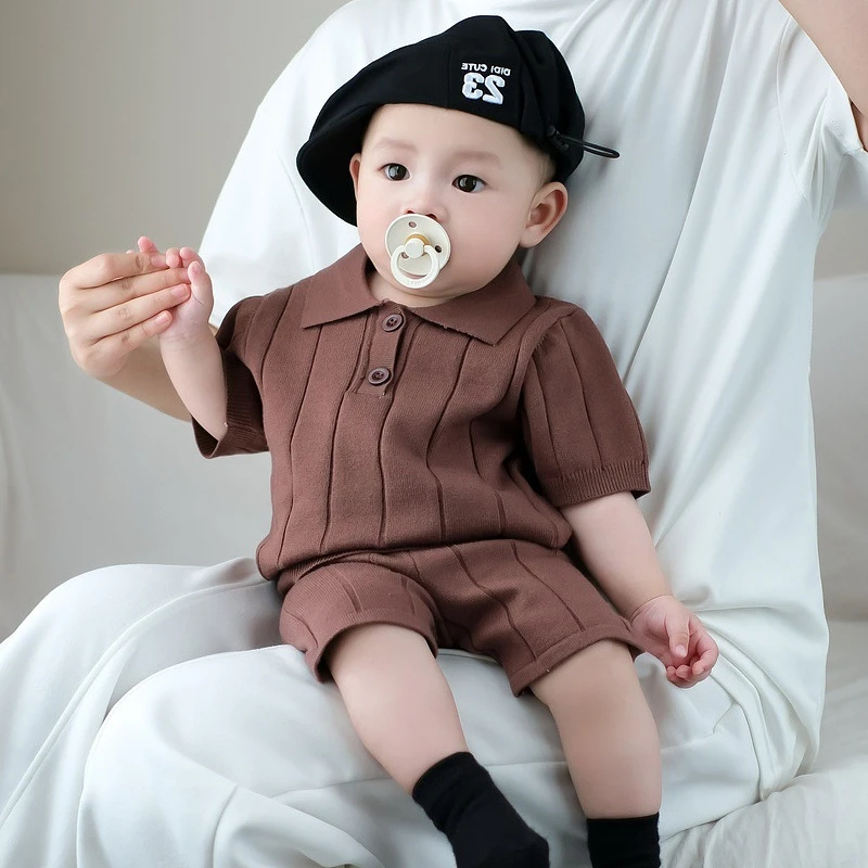 2025夏装男童套装针织衫翻领套头衫婴幼儿百搭坑条打底毛线五分裤