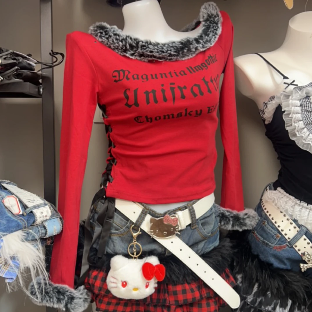 新款铆钉字母印花红色毛毛长袖修身显瘦女士T恤辣妹