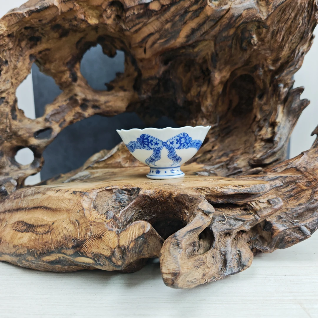 陶月楼柴窑青花手绘薄胎蝴蝶结茶杯主人杯陶瓷茶具