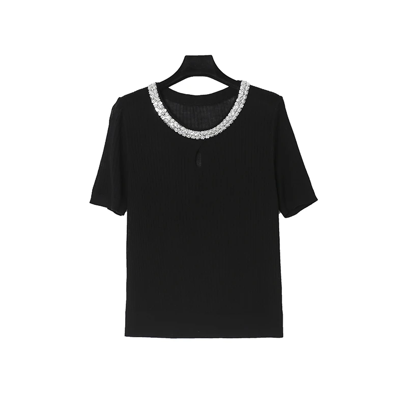 时尚气质镶钻圆领亲肤舒服显瘦短袖针织衫女上衣22381