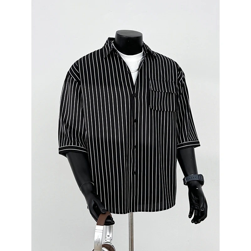 条纹工装短袖衬衫男夏季冰丝垂感宽松五分袖衬衣百搭宽松凉感外套