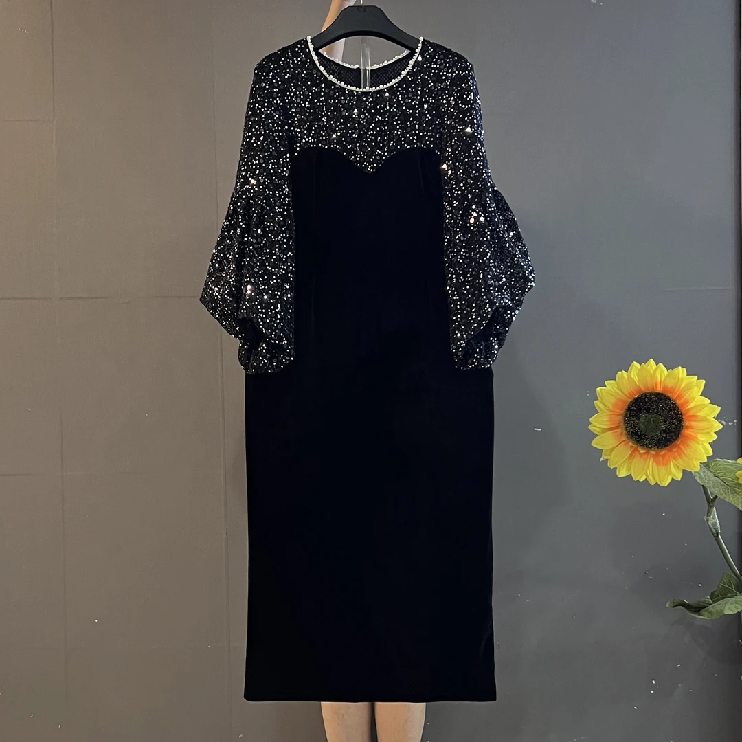 欧货新款重工时尚洋气拼接亮片优雅显瘦喇叭袖丝绒连衣裙