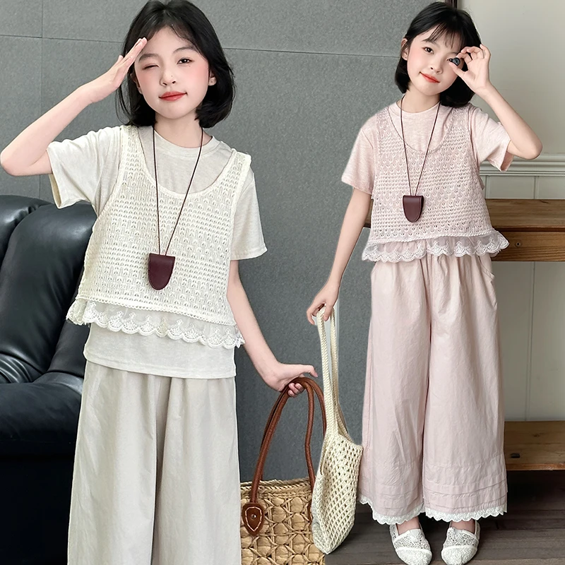 女大童夏季休闲套装2025新款初中生女孩洋气夏装马甲阔腿裤三件套