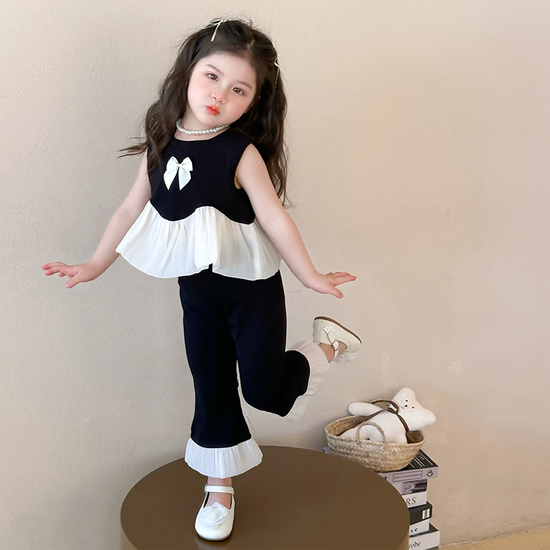 女童2025夏季洋气赫本风黑天鹅边背心休闲木耳边喇叭九分裤套装新
