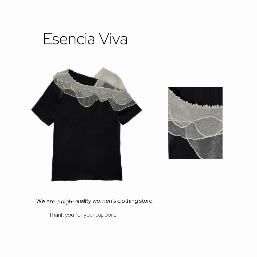 EV.【水光之恋】定制礼服款网纱拼接气质优雅显瘦短袖T恤EVSY0751