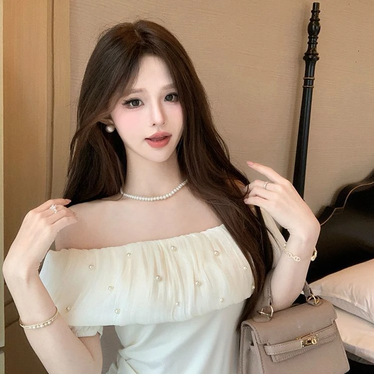 2025夏季新纯欲辣妹性感一字肩钉珠短袖修身短款T恤法式气质上衣