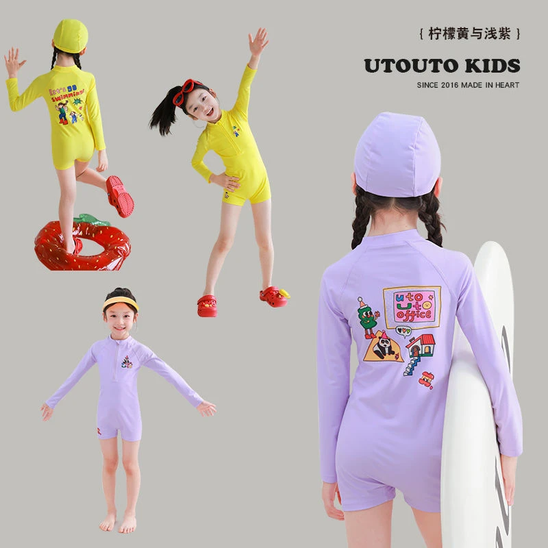 女童印花泳衣泳帽套装2025夏季新款洋气女宝儿连体速干弹力游泳衣