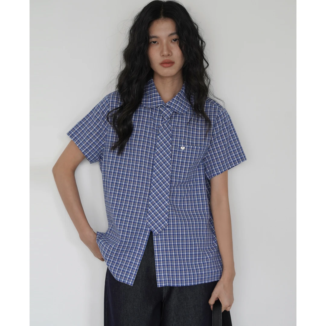 【清清】EIGHTHMONTH蓝色格纹短袖衬衫女2025夏季AE111622